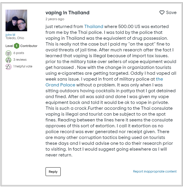 Tripadvisor report of a tourist vaping fine in Thailand
